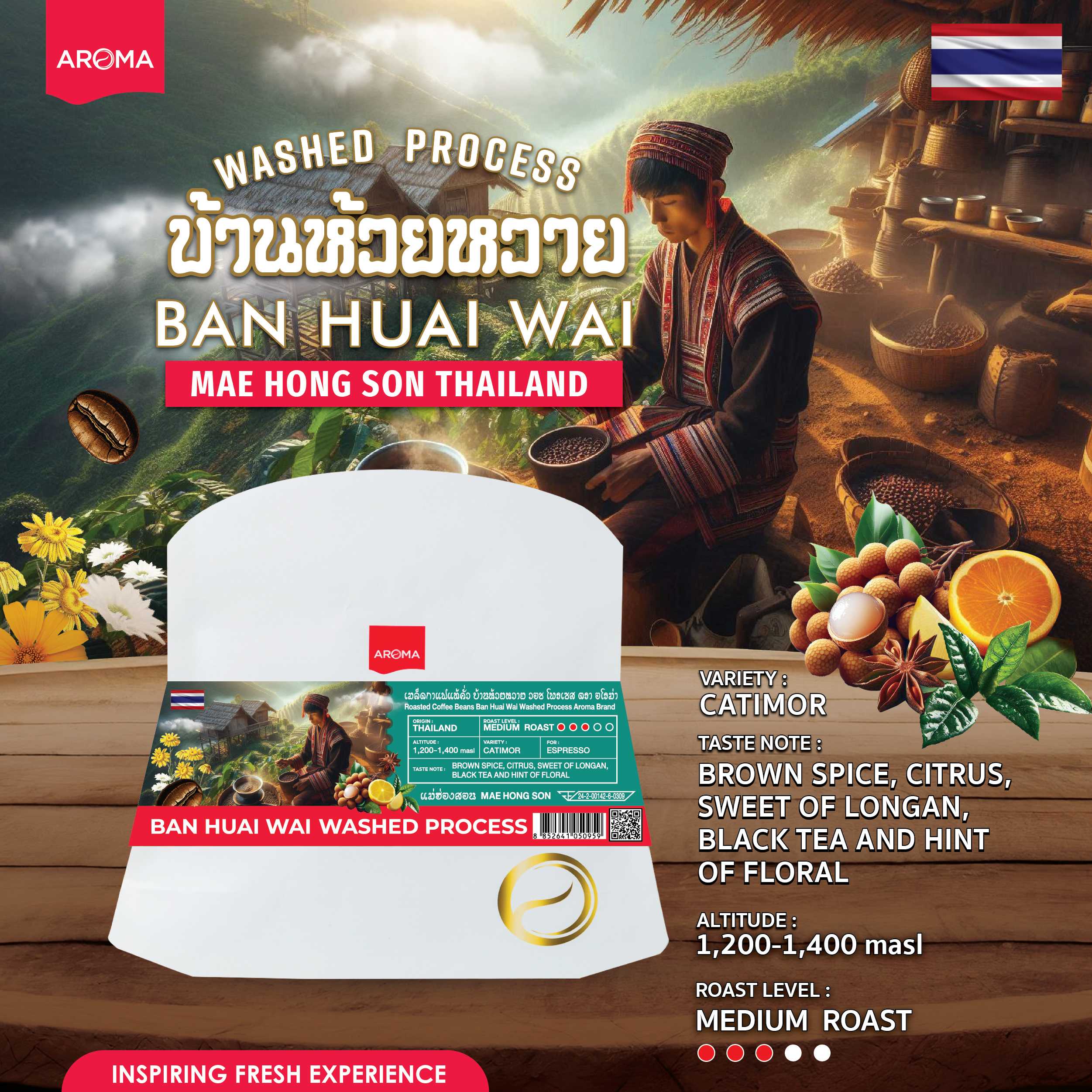เมล็ดกาแฟคั่ว บ้านห้วยหวาย BanHuaiWai [Washed Process] 200 G.