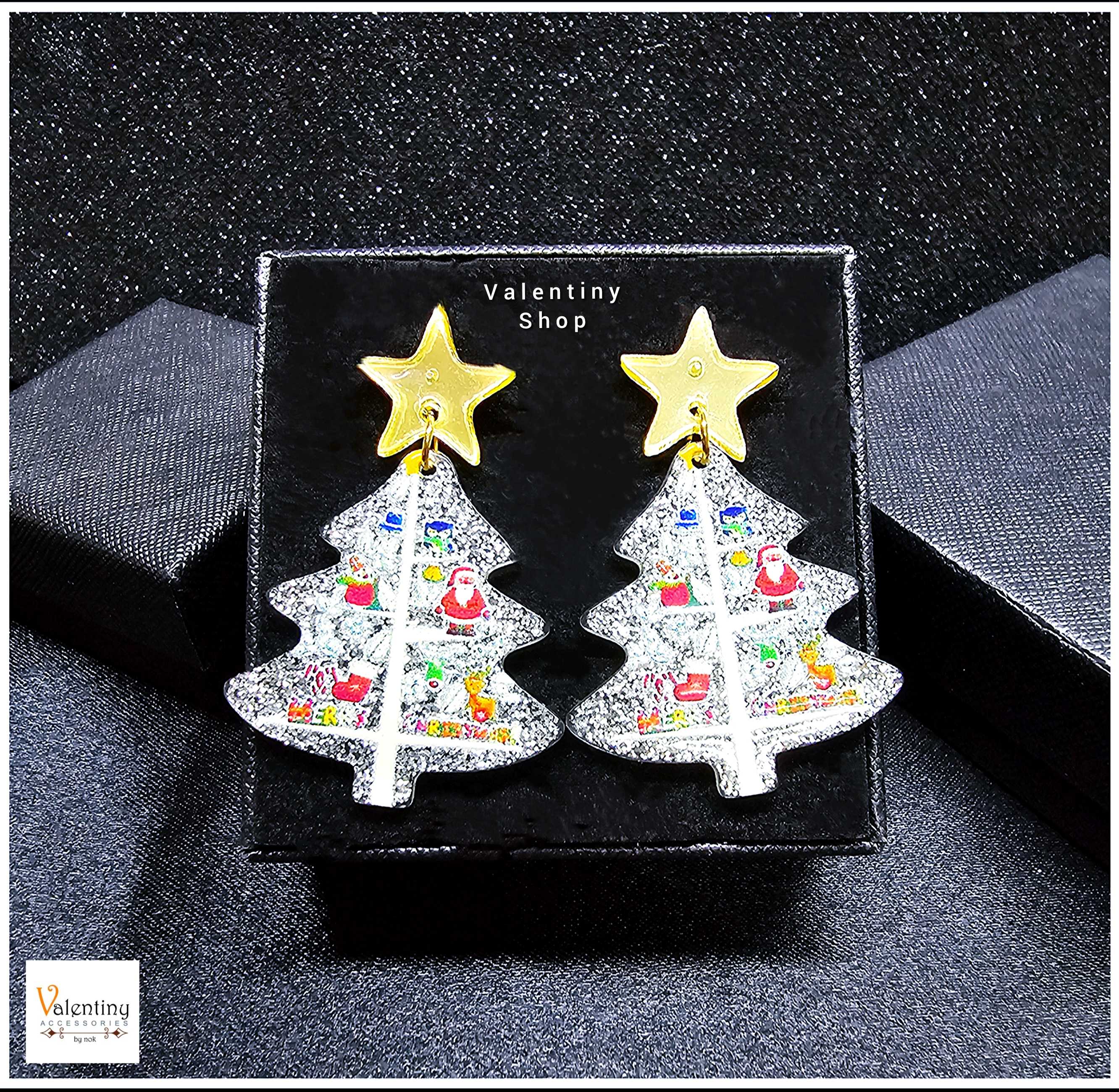ERN098 ต่างหู คอลเล็กชั่นคริสต์มาส งาน pvc รูปดาวสีทองห้อยงานรูปต้นคริสต์มาสสีขาวเลื่อมติดรูปการ์ตูน
