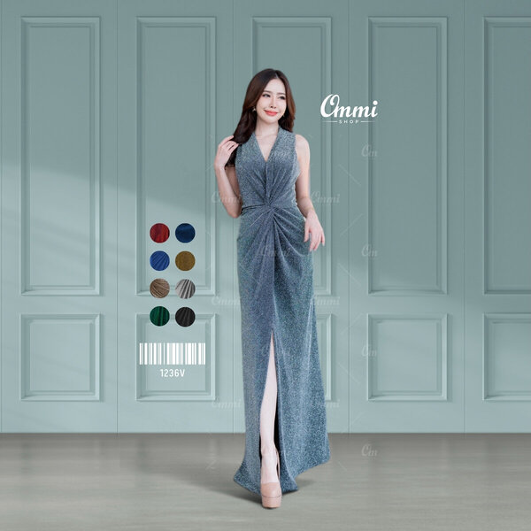 Ommishop ชุดราตรี 1236V คอวีแต่งเกลียวหน้า ผ้า Glitter เดรสออกงาน ชุดงานแต่ง เพื่อนเจ้าสาว