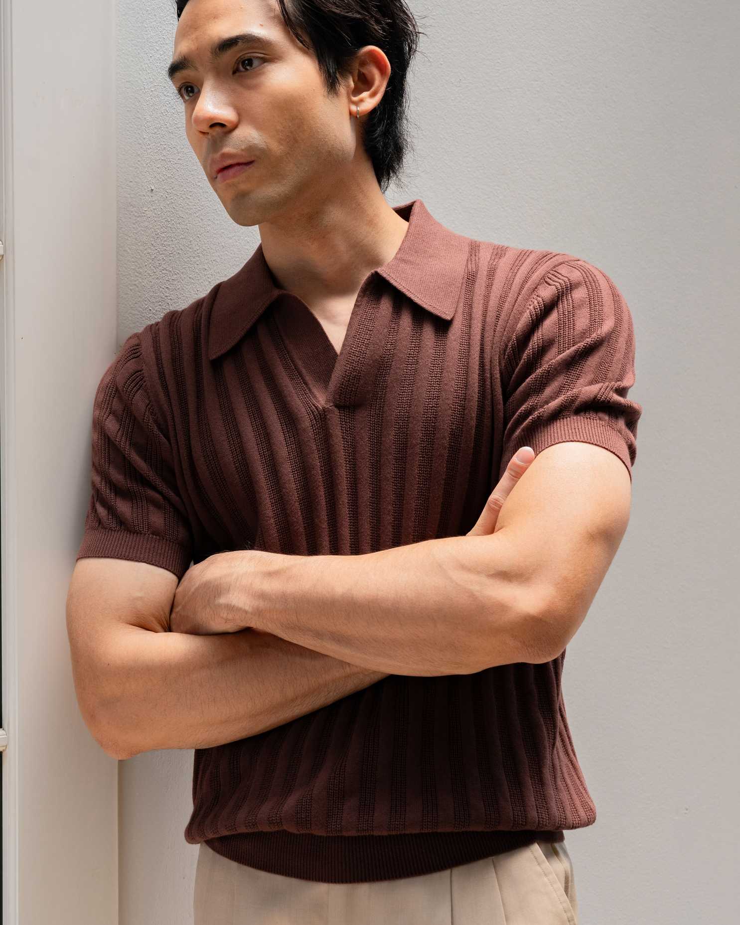 MadetoMature Stripe Textured Knitted Skipper Polo - Brown