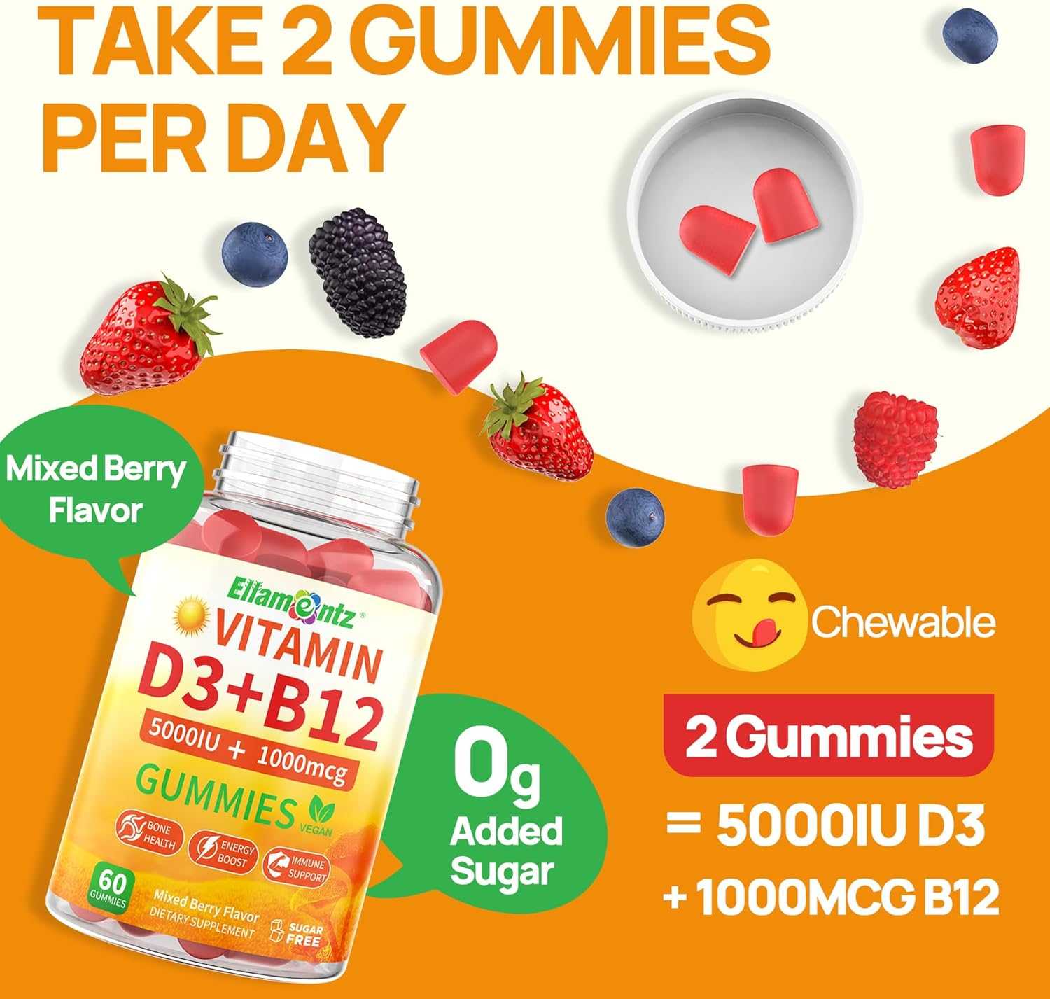 Vegan Vitamin D3 5000 IU + Vitamin B12 1000 mcg เยลลี กัมมี ดี3 + บี12