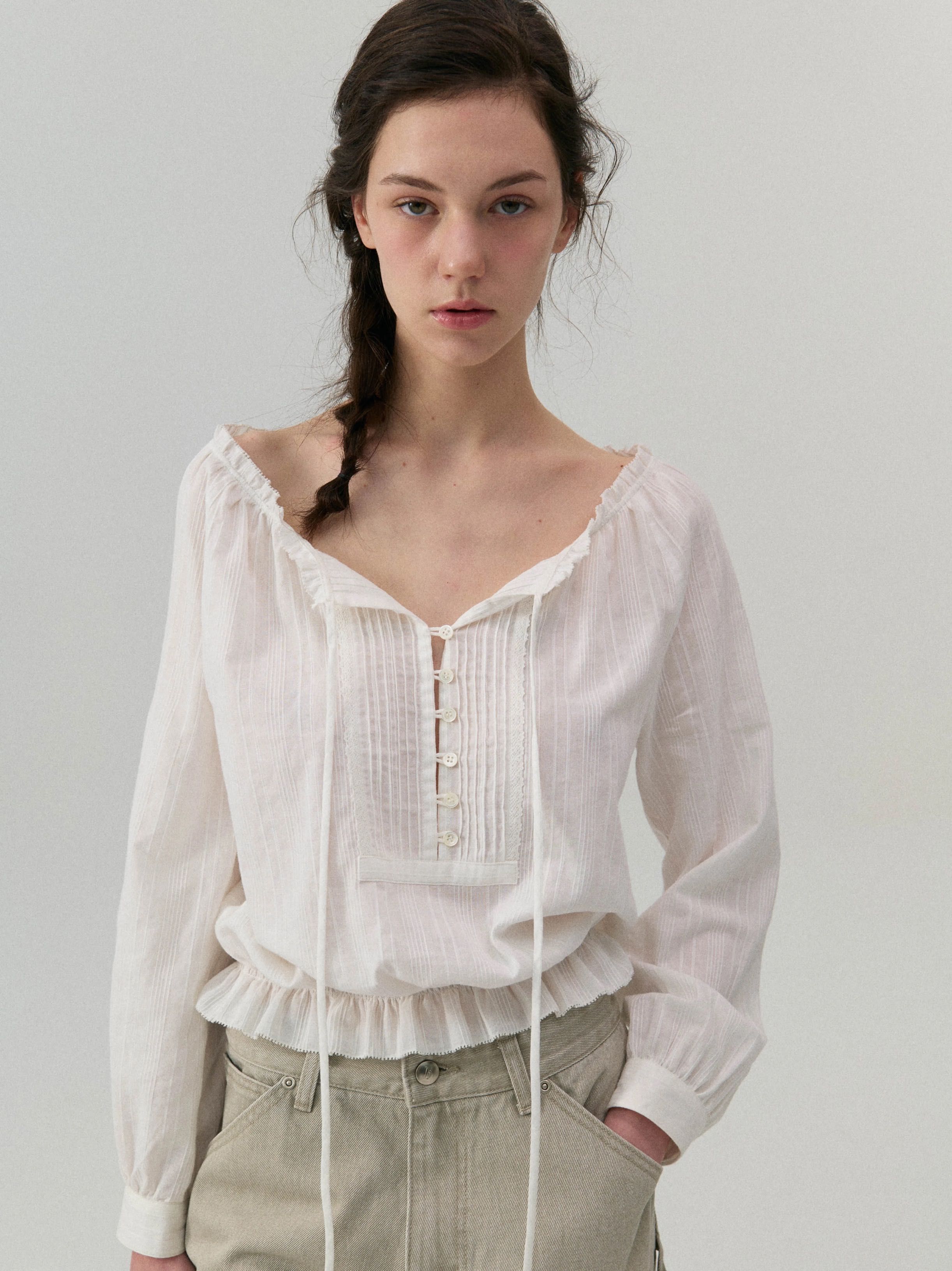 The Barnnet (Made in Korea)cotton lace shirt  (long)Pre-order 15 day