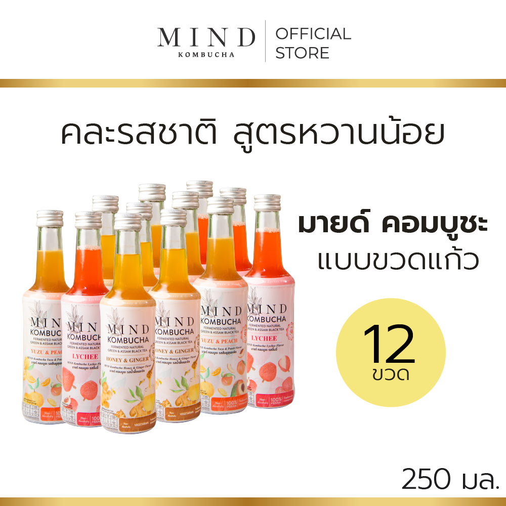 MIND KOMBUCHA มายด์ คอมบูชะ 250มล.  คละรสชาติ สูตรน้ำตาลน้อย X 12 ขวด