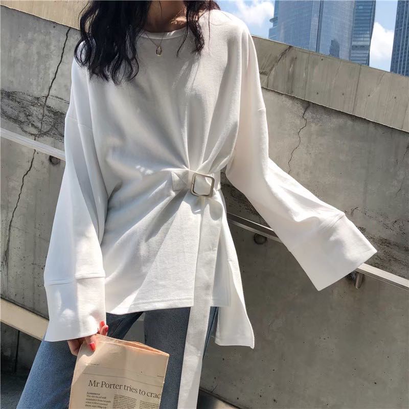 พร้อมส่ง🦋 เสื้อโอเวอร์ไซส์ แขนยาวสีขาว ทรงเบสิคสไตล์ กิมมิคเสื้อผูกเข็มขัดข้างเก๋ๆ