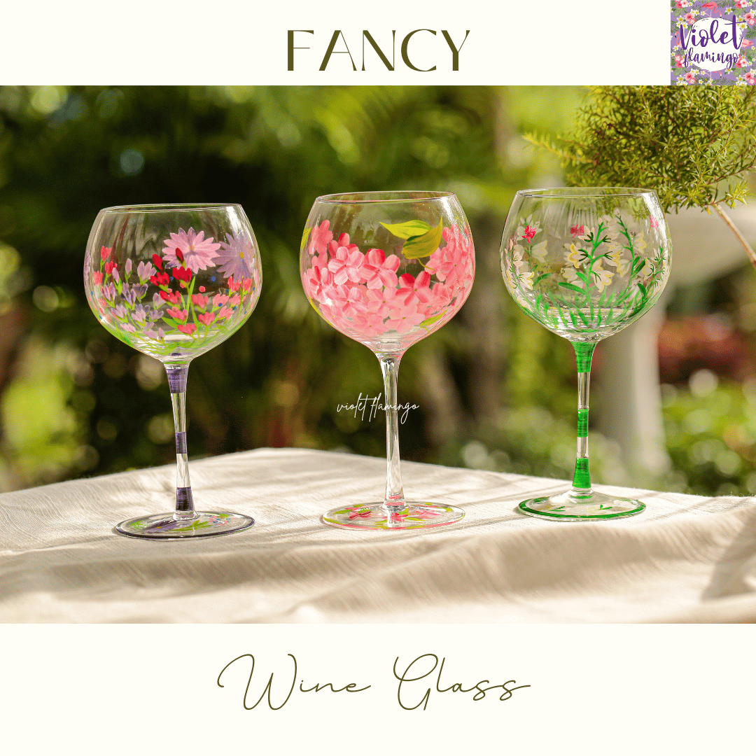 Fancy Wine Glass แก้วไวน์แฟนซีลายดอกไม้สีม่วง/สีชมพู/เขียว ขนาดสูง 21.5 ซม