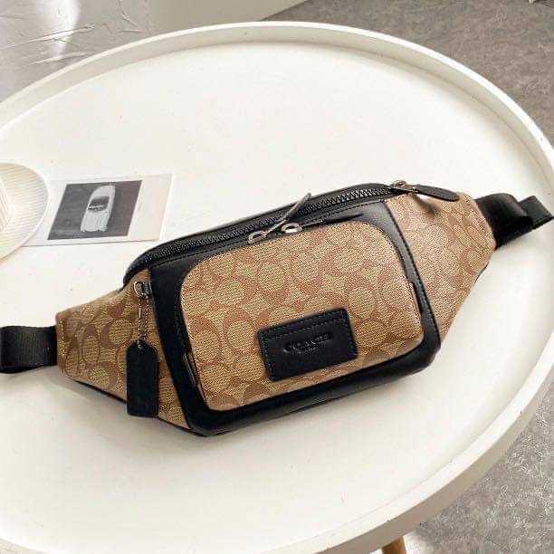 กระเป๋าสะพายคาดอก COACH C3765 TRACK BELT BAG IN SIGNATURE CANVAS สีน้ำตาลอ่อนลายซี