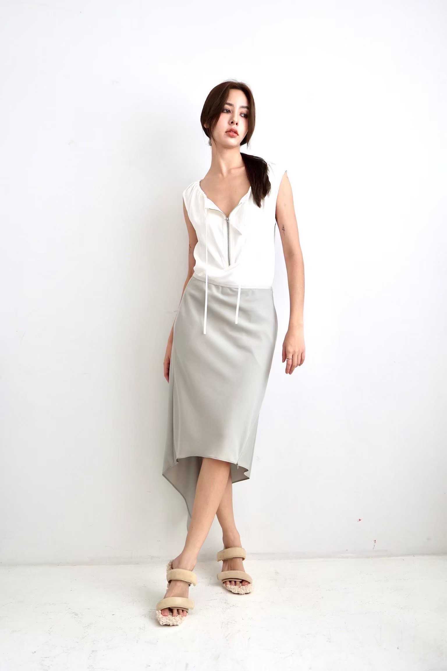 SALE Helmut Lang VIRGIN WOOL SCARF HEM SKIRT - SAND