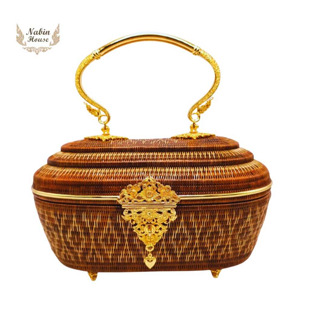 กระเป๋าย่านลิเภาทรงรีไข่ฝาสองชั้นหูชุบทองลายมัดหมี่ใหญ่