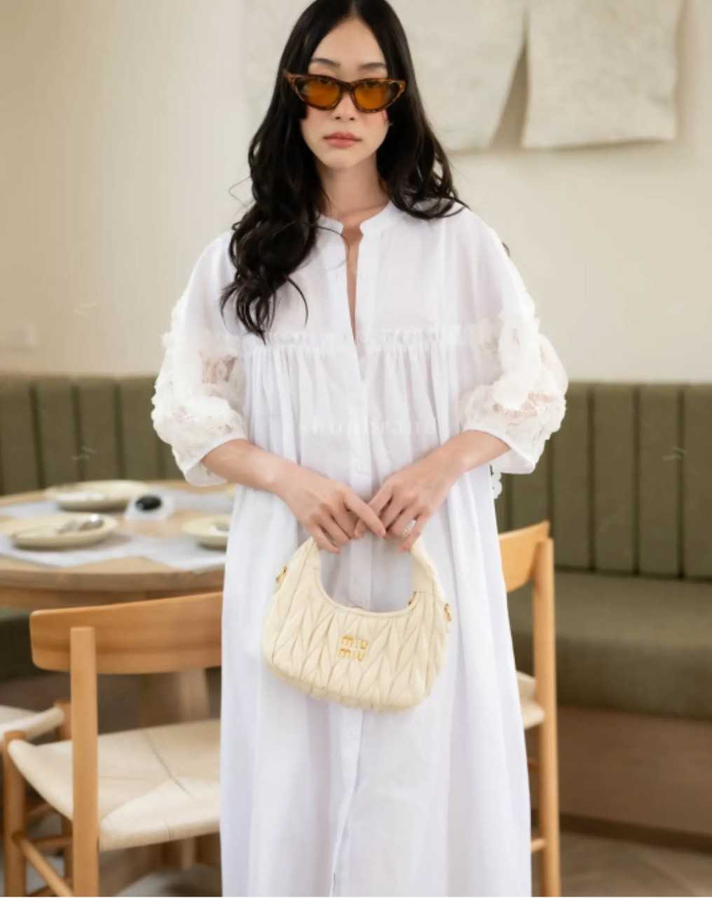 เดรสเชิ้ตแขนตุ๊กตา แต่งกุ้นลูกไม้ซีทรูแขน+หลัง จับจีบอก