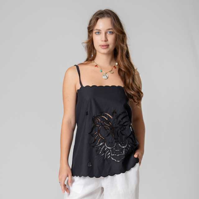 Tiger Embroidered Linen Top (Black, Size ML)