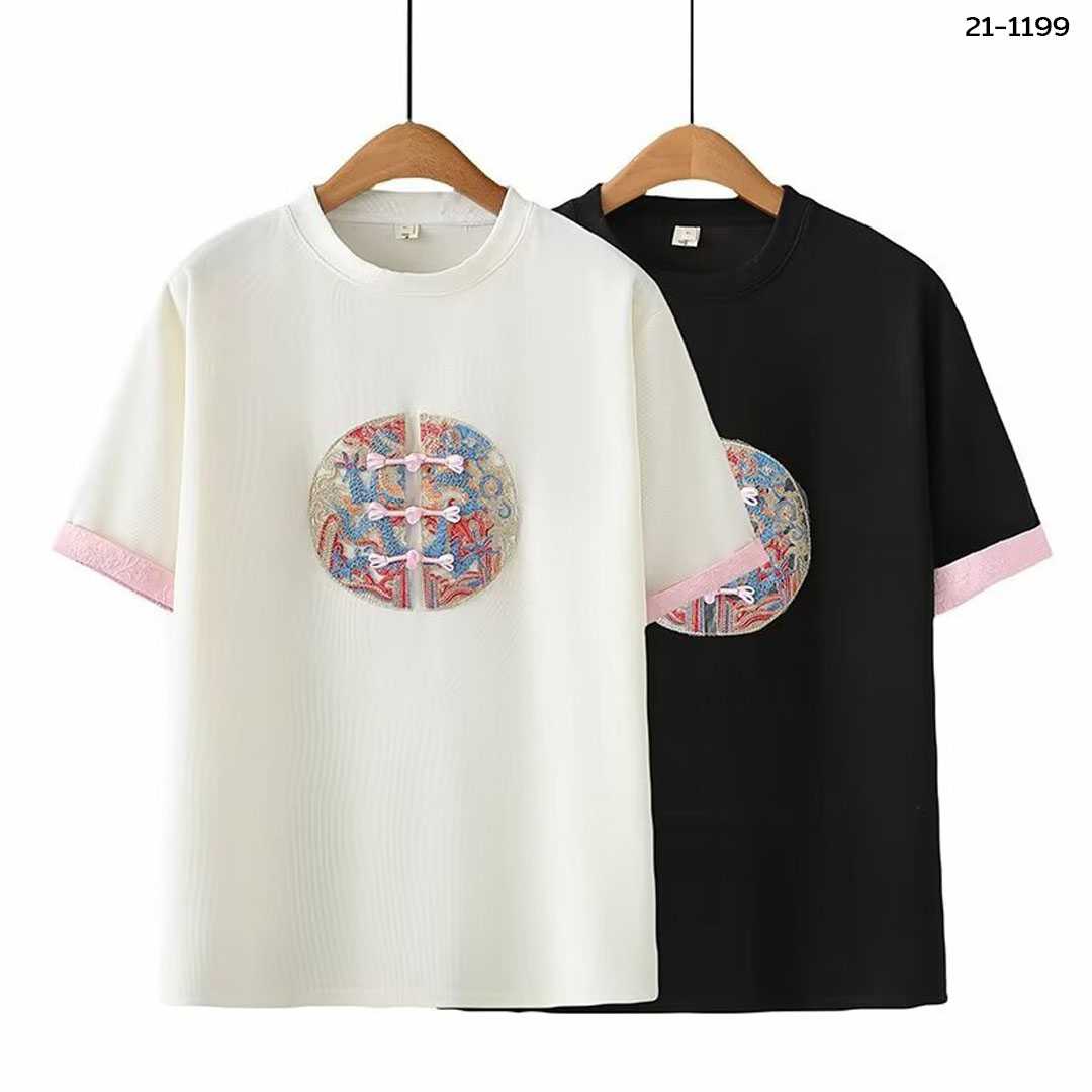 21-1199 เสื้อยืดคอกลม แต่งลายจีน
