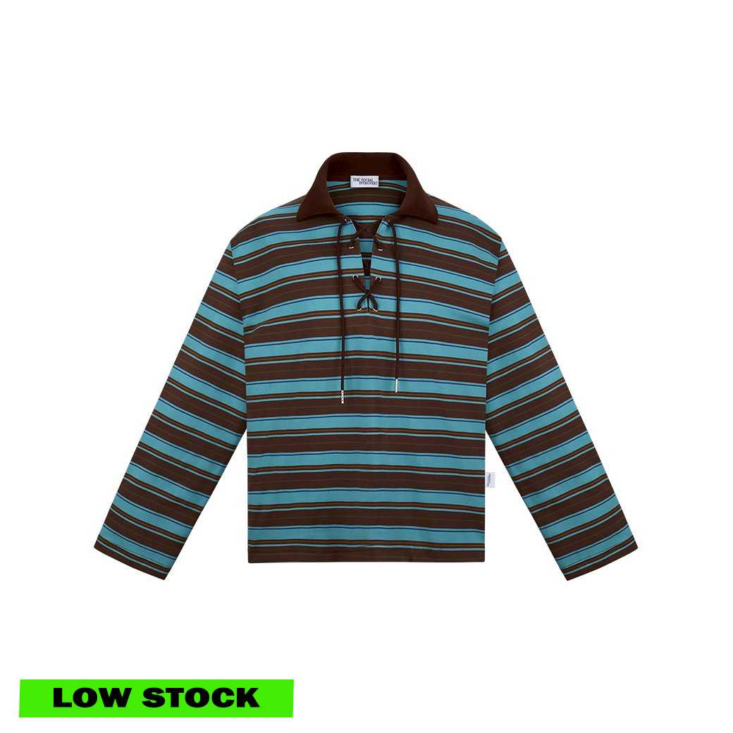 OLIVIA LONG SLEEVE POLO SHIRT - TERQUOISE STRIPE
