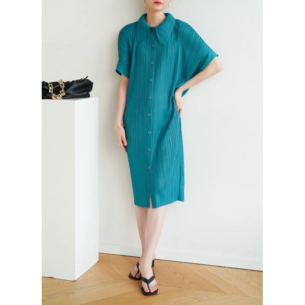 2MUAY รุ่น GJO2087 COLLAR BUTTON FRONT PLEAT DRESS เดรสอัดพลีทงานคุณภาพ 9สี FREE SIZE