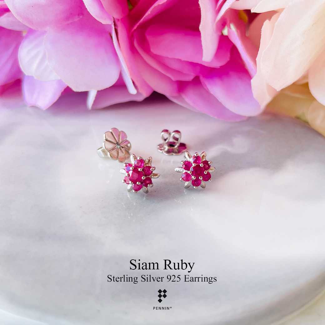 E23809 ต่างหูดอกพิกุลทับทิมสยามแซมใบเงิน Flower Ruby Earrings เงินแท้ 925 ชุบทองคำขาว