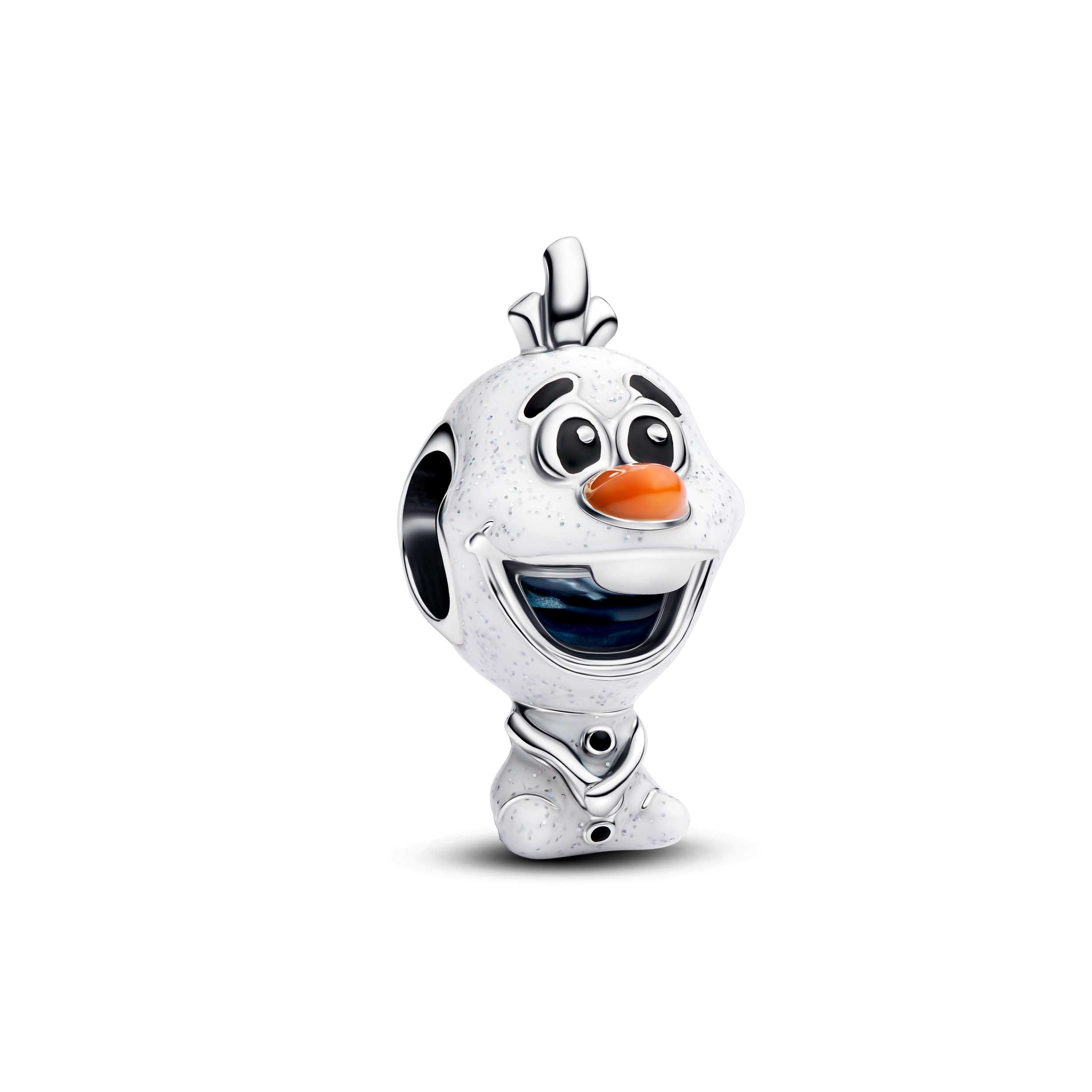 Disney Olaf sterling silver charm with orange, black and glittery white enamel and blue UV resin