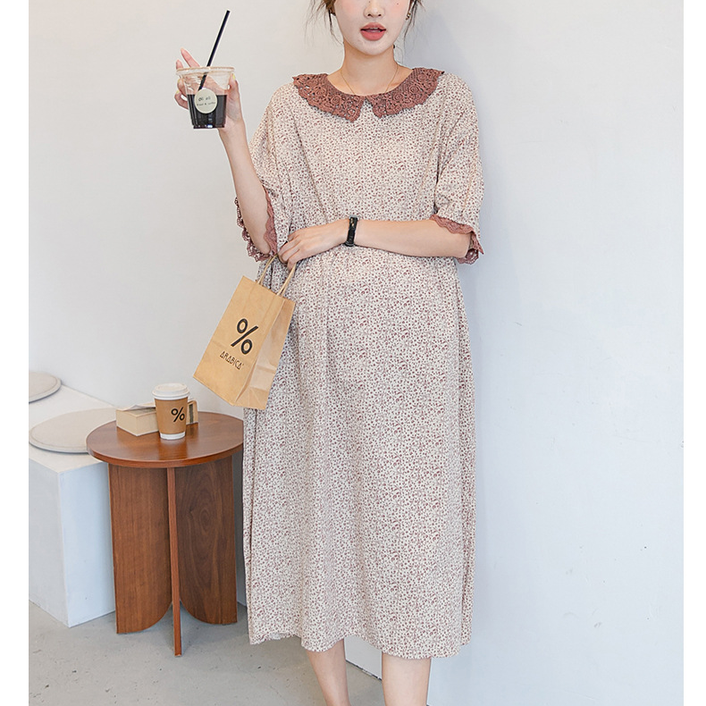 (ไซส์ใหญ่) เดรสยาวผ้าลายดอกไม้โทนสีกะปิพื้นเบจสวยงามละมุนน่ารักมากๆ