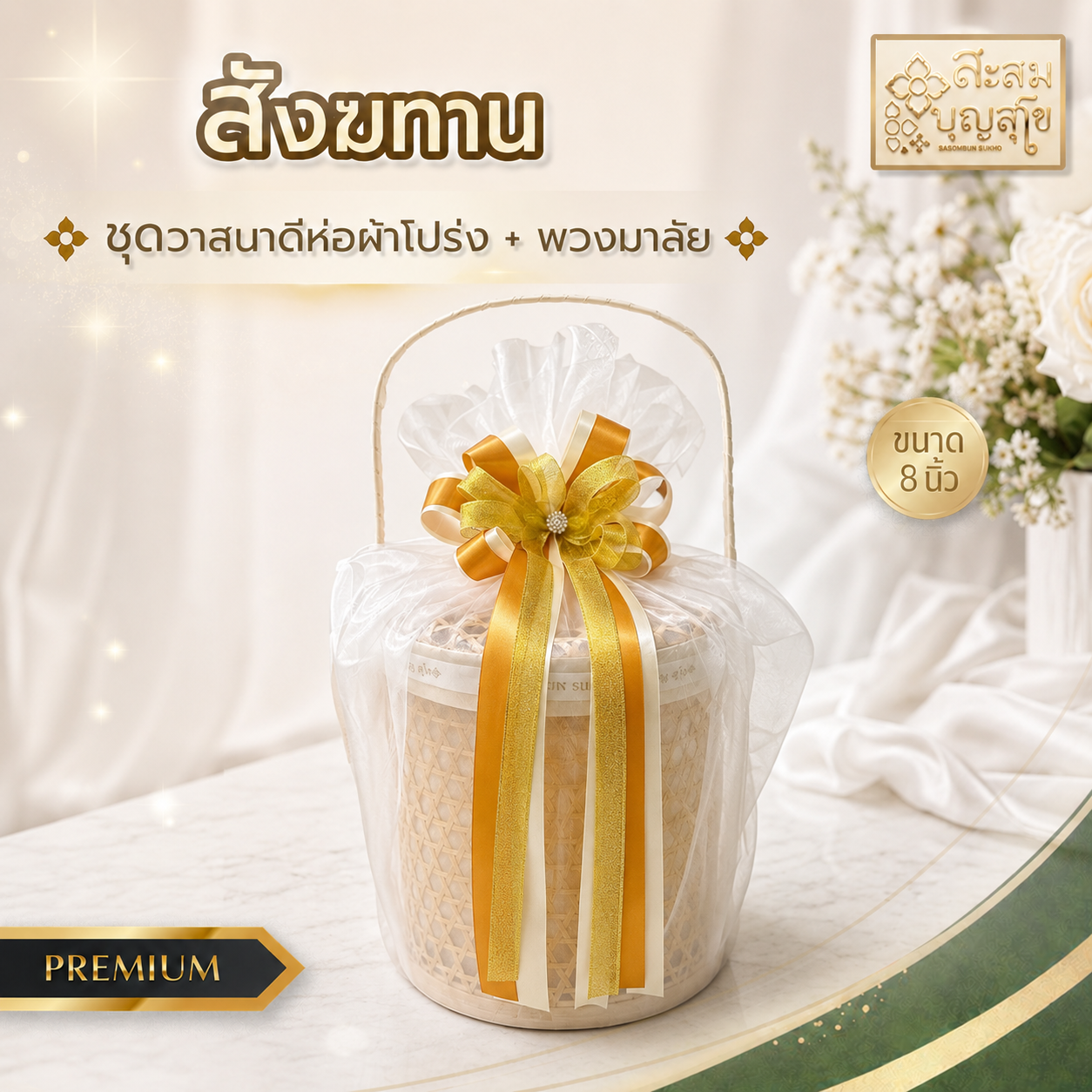 สังฆทานวาสนาดี ห่อผ้าโปร่ง โบว์ 8 นิ้ว