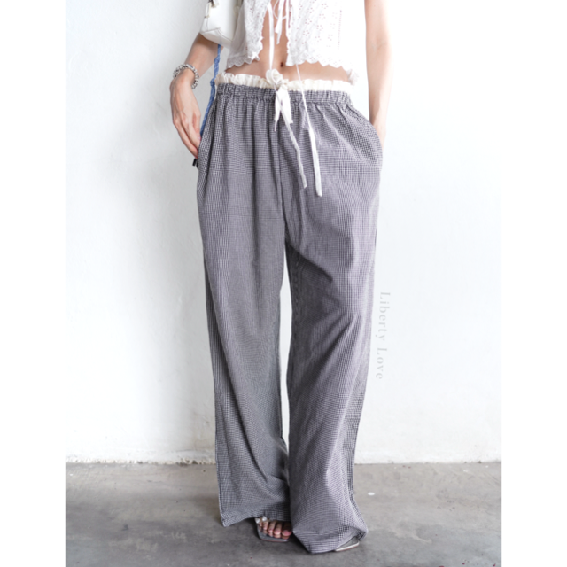 5075#2 Black white  checkered pants 
