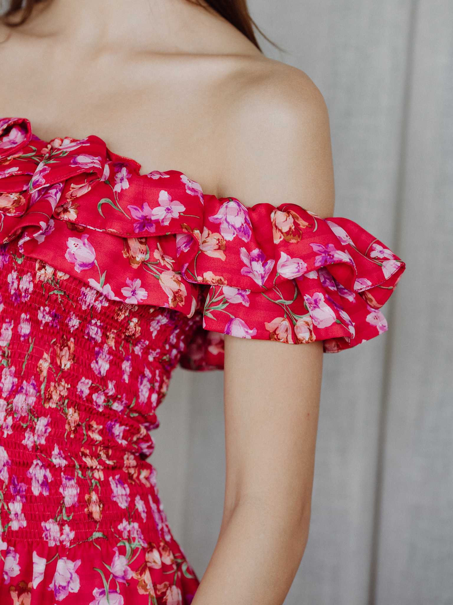 Red Floral Ivy Smock Dress with Ruffle Detachable Sleeve