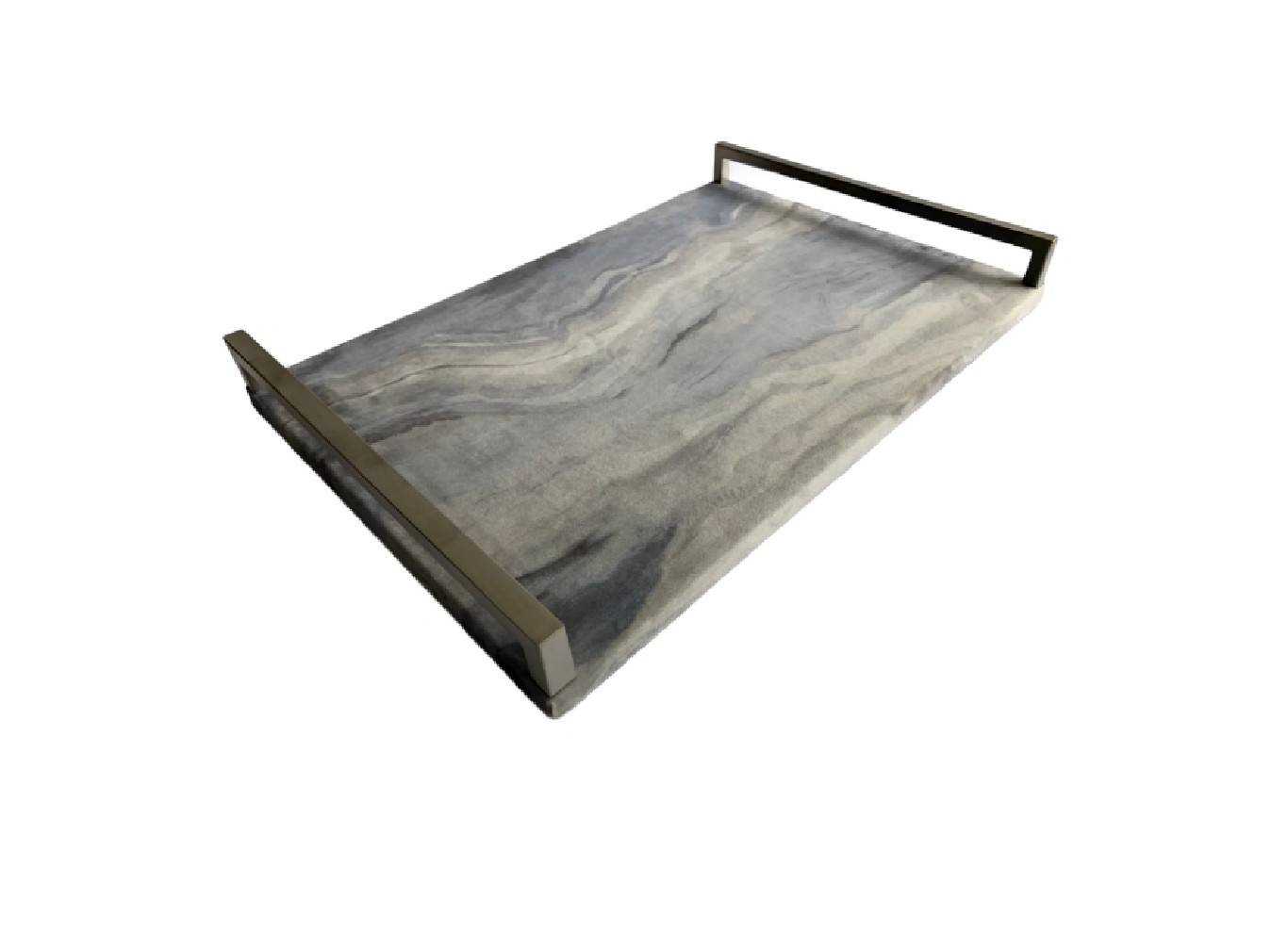 Tray w. Stainless Handle, Velvet Fabric, Gray, L