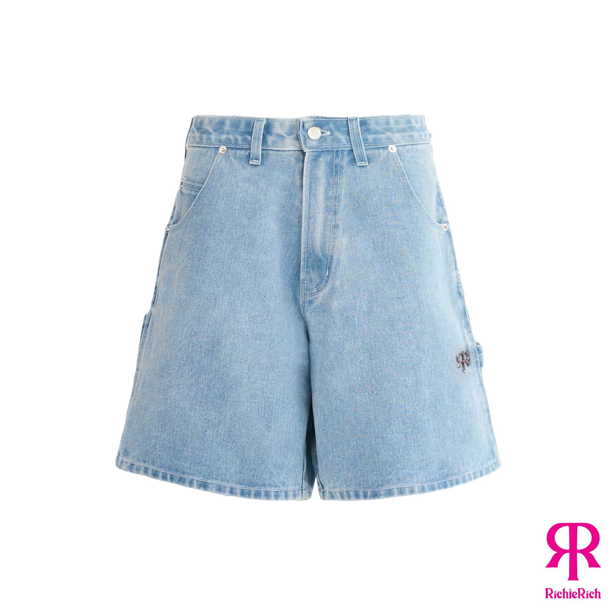 RICHIERICH By TandT - RR LOGO EMBELLISHED BACK POCKETS KNEE DENIM SHORTS