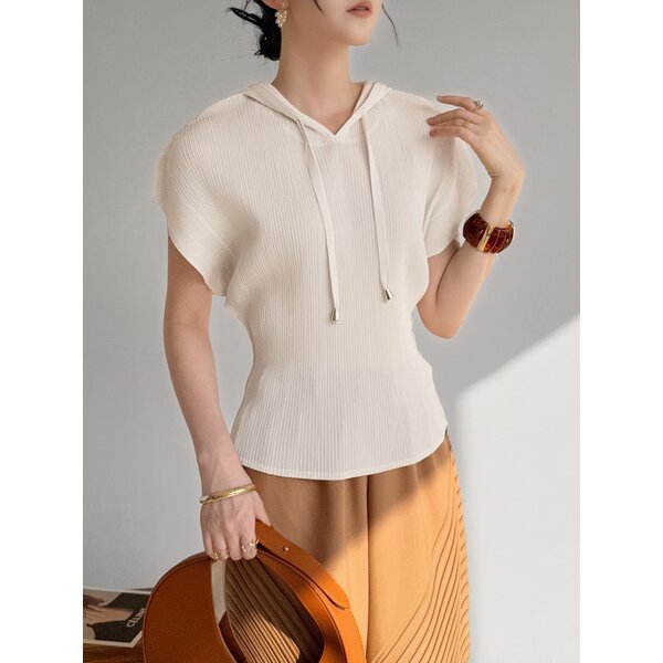 2MUAY รุ่น GJO10546 เสื้ออัดพลีท SHORT SLEEVE PLEATED HOODED PLEATED TOP 10 สี FREE SIZE