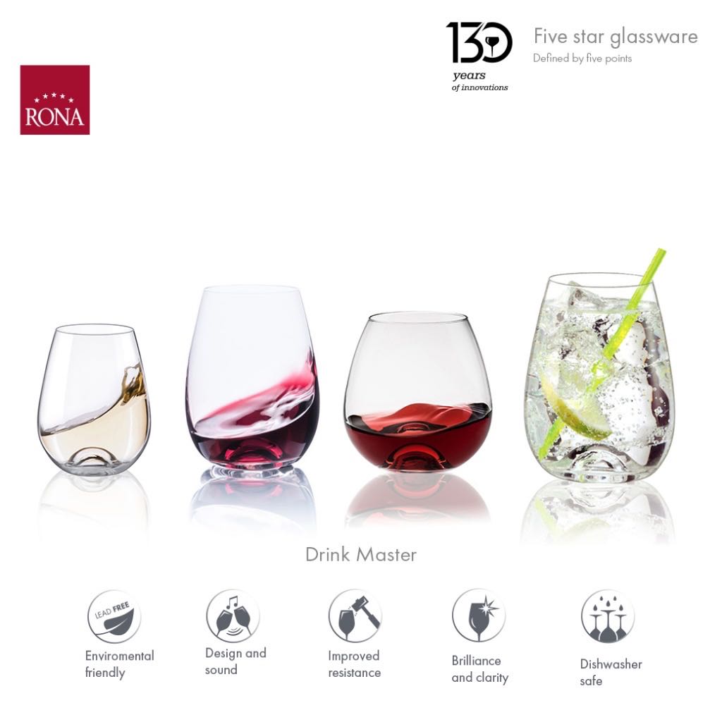 แก้วไวน์ไม่มีขา Rona Drink Master (1 ใบ) แก้วคริสตัล Stemless Wine Glass