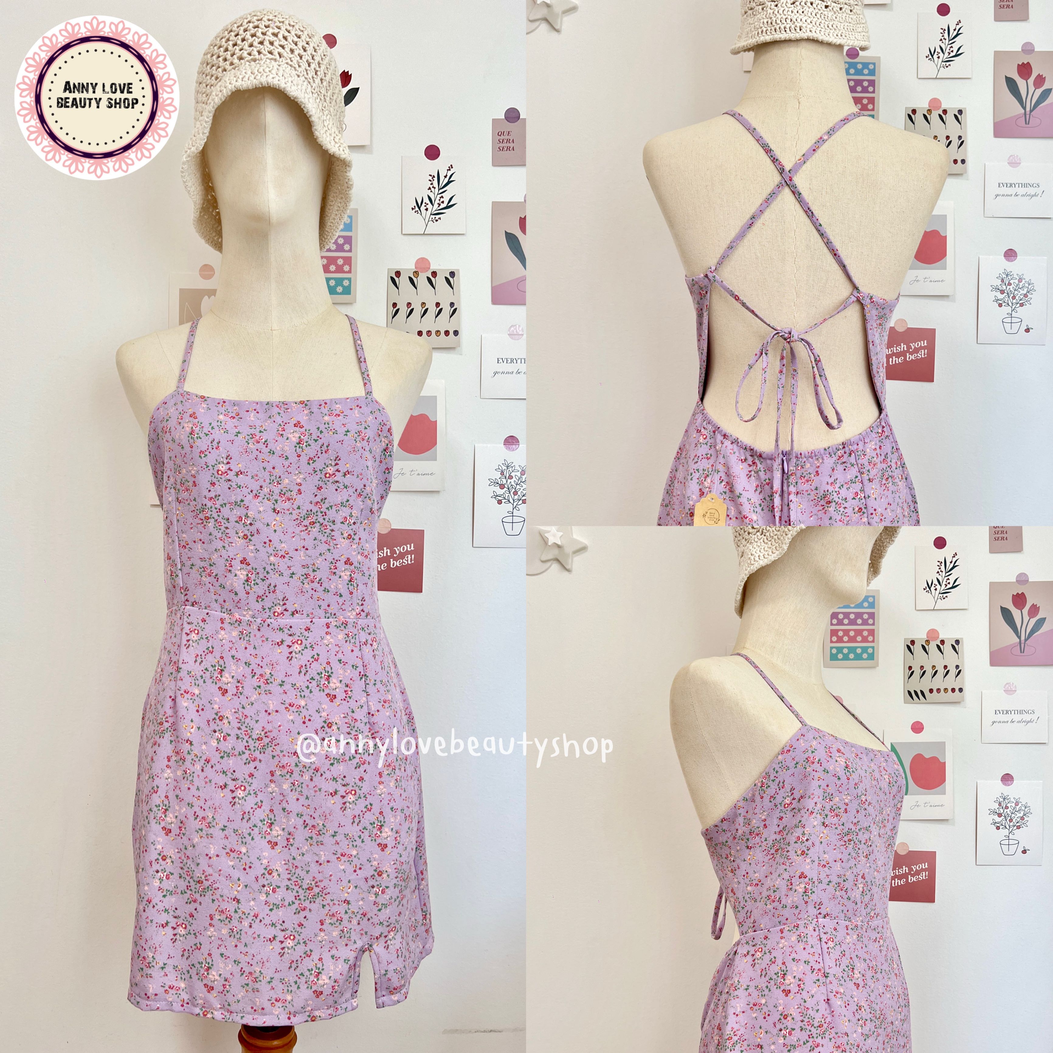 มินิเดรสลายดอกสีม่วง ดีเทลผูกหลัง