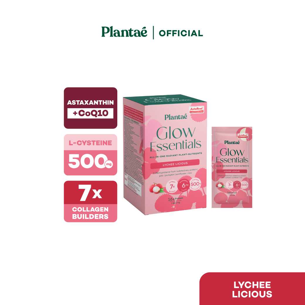 Plantae Glow Essentials : รส Lychee Licious 1 กล่อง 5 ซอง โปรตีนพืช อาหารผิว Astaxanthin CoQ10