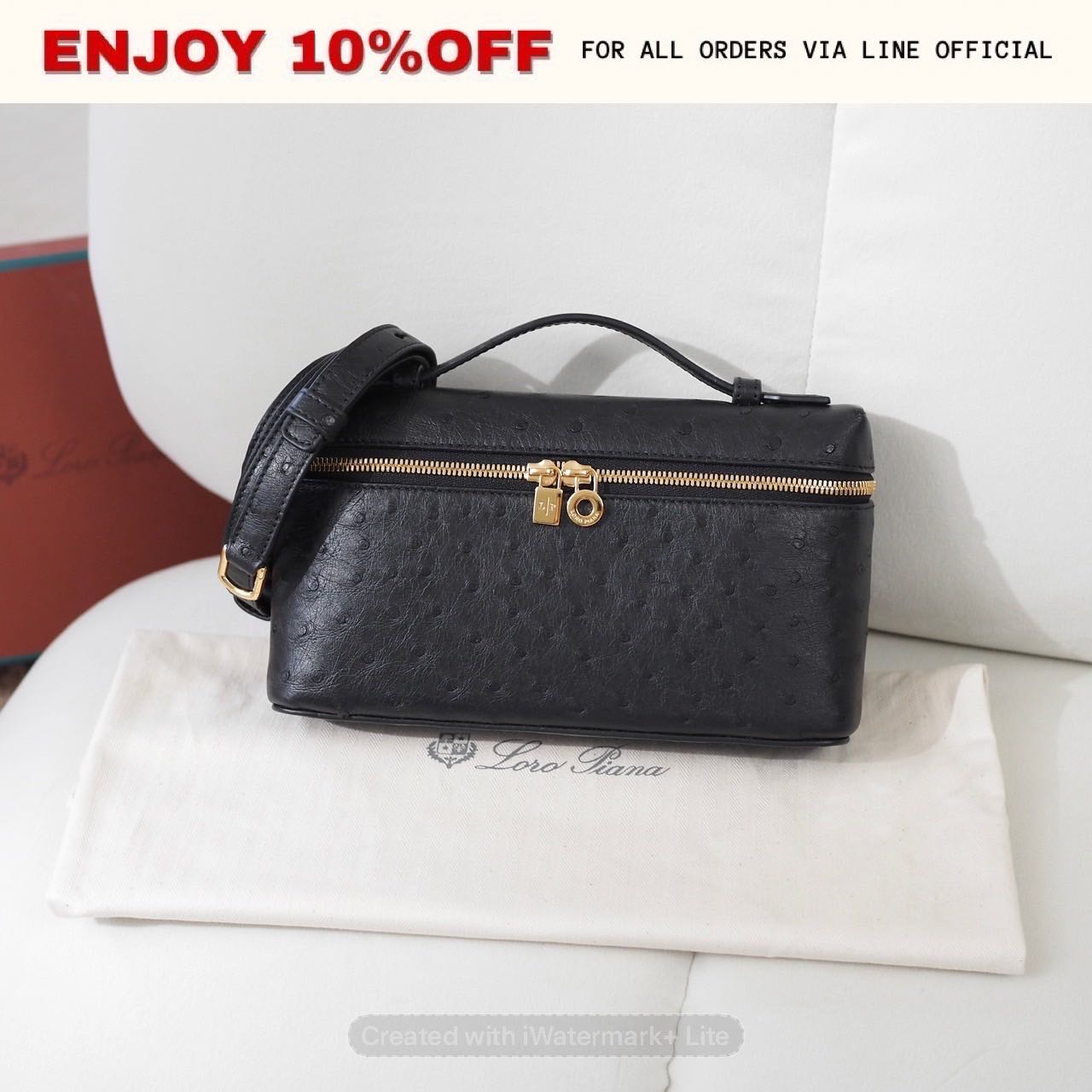 NEW! LORO PIANA Extra Pocket L19 Pouch Ostrich Leather สี Black (804L) GHW | Bag