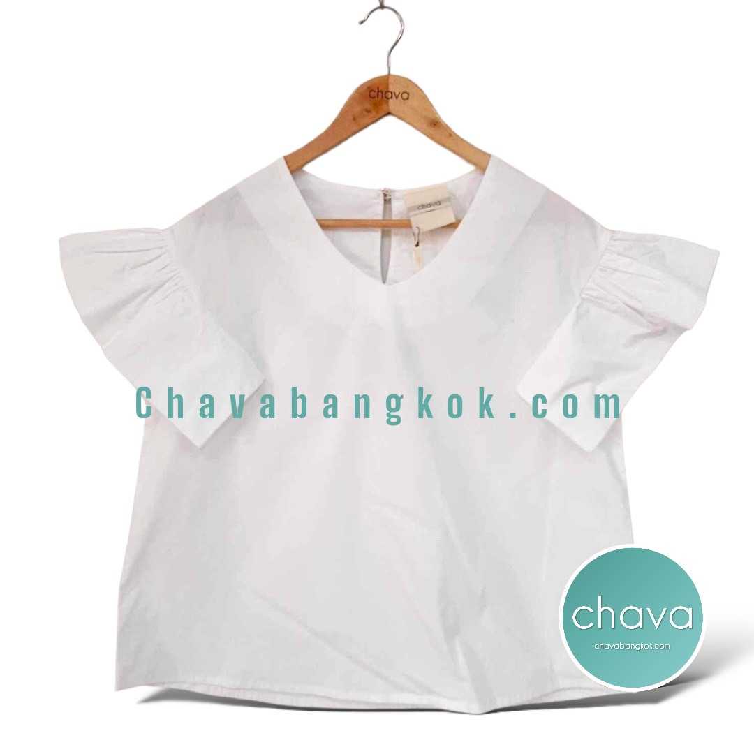 NEW!! เสื้อ Top / BLOUSE (สีขาว) คอวี แขนระบาย กระดุมหลัง