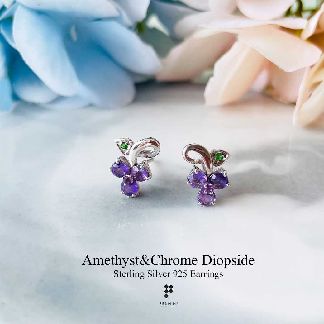 E28321 ต่างหูเสียบองุ่น อเมทิสต์กลม3mmx3 กลาง 1.5mm 0.61ct ใบ กรีนโครม 1mm (2 คู่)
