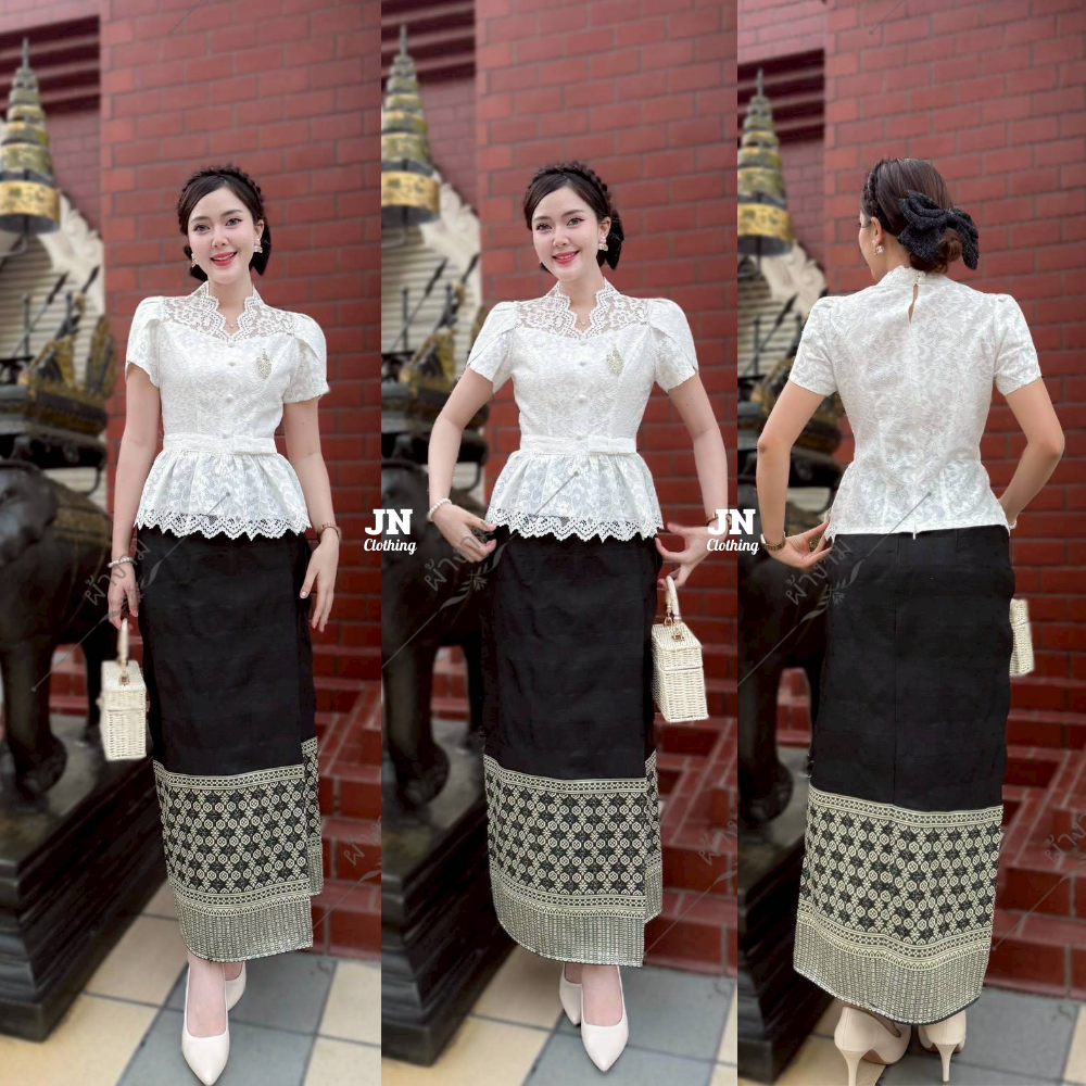 ผ้าถุงลายไทยประยุกต์ เนื้อผ้าฝ้ายทอลาย งานป้ายสำเร็จ ซิปซ่อนหลัง อัดกาว ใส่ได้ทุกโอกาส