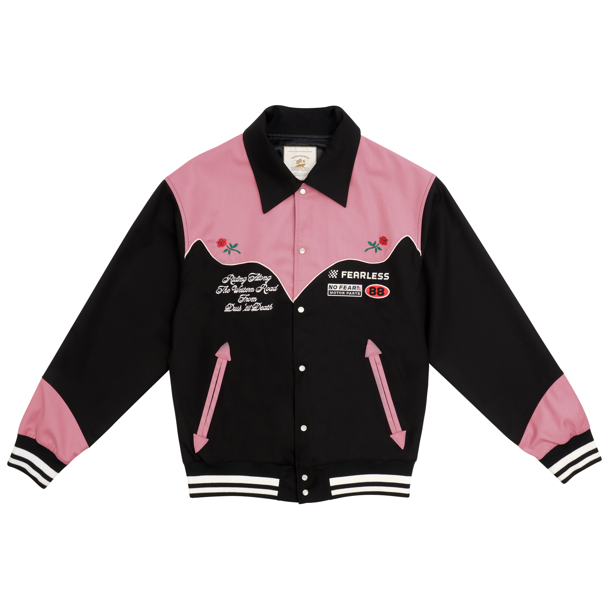 FEARLESSNESS RIDING PINK VARSITY JACKET