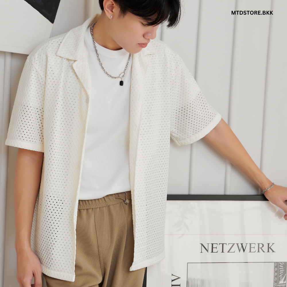MTDstore.bkk เสื้อเชิ้ตแขนสั้น ซีทรูลายจุดใส่สบาย คอปกกระดุมหน้า Shirt Polka dot pattern