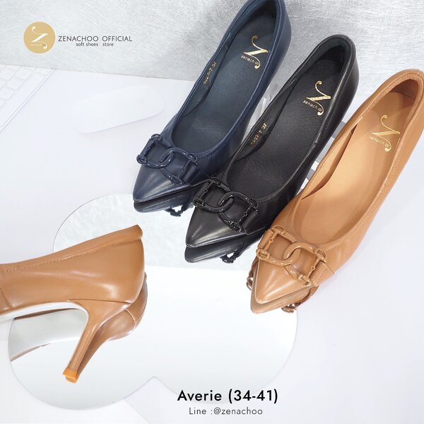 ทรงปกติ: เปลี่ยนไซส์ได้-ไม่รับคืน Zenachoo รุ่น Averie สูง 3 นิ้วคัทชูหนังแกะแท้ หัวแหลมทรงสวยมาก