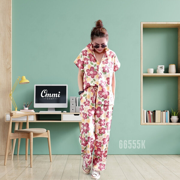 Ommishop 66555K ชุดเซ็ท เสื้อแขนสั้นคอปก และกางเกงขายาว ลายดอก Kosomosu Cotton Japan 100% (Bonus)...