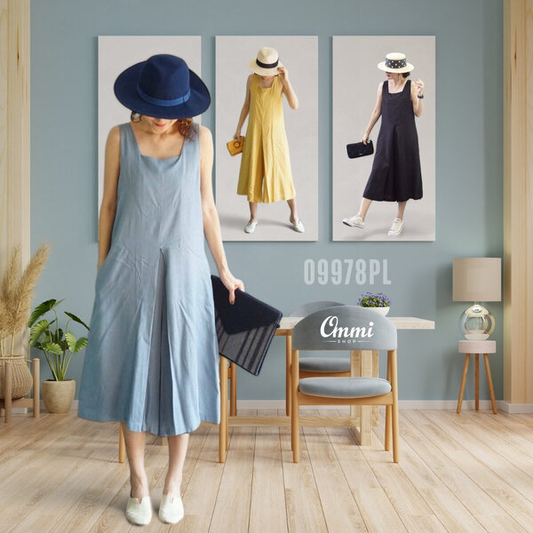 Ommishop 09978PL จั้มสูทกางเกง เนื้อผ้าลินิน ทรงขาบาน 5 ส่วน (PUP)[09978]