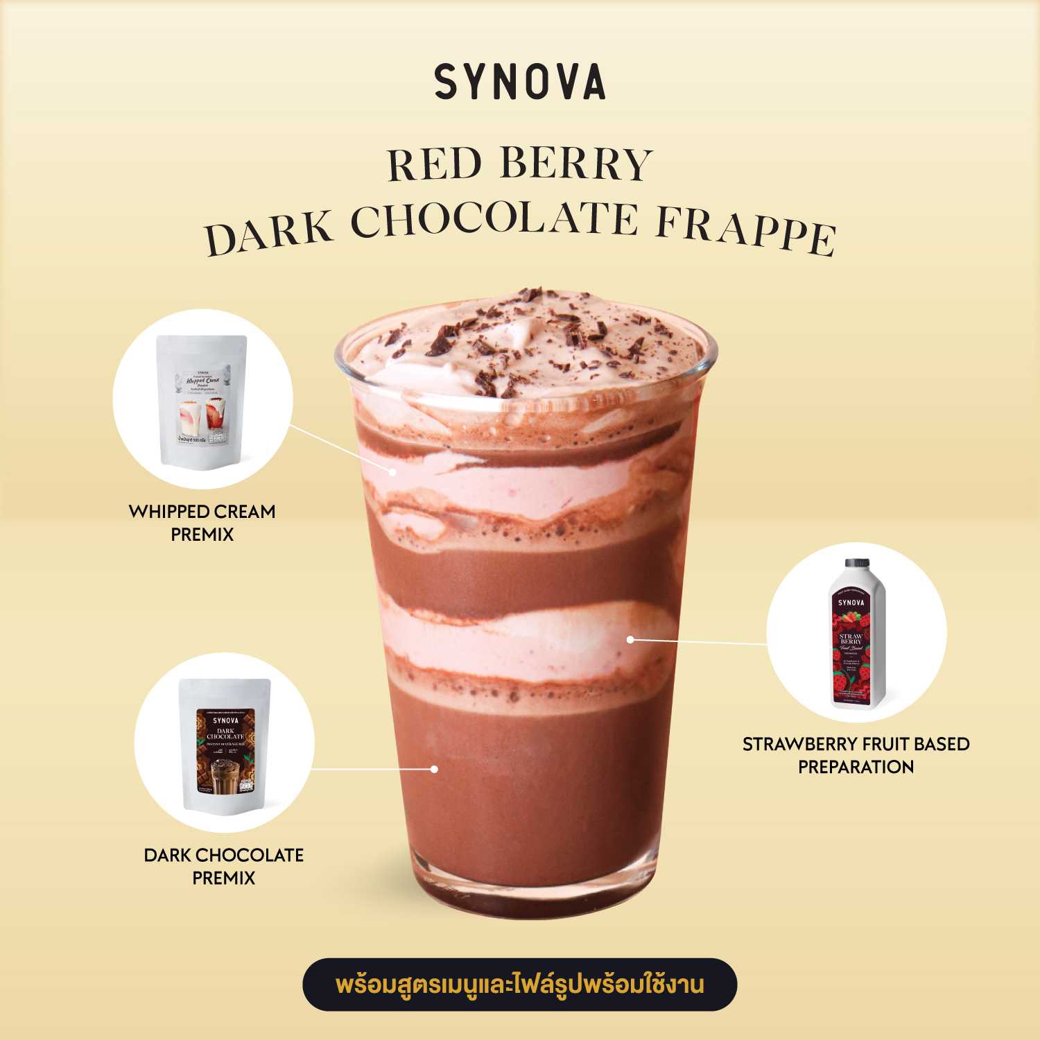 เซ็ตเครื่องดื่ม SYNOVA : เมนูเรดเบอร์รี่ดาร์กช็อกโกแลต พร้อมภาพ และสูตรชงเครื่องดื่ม (เซ็ต)