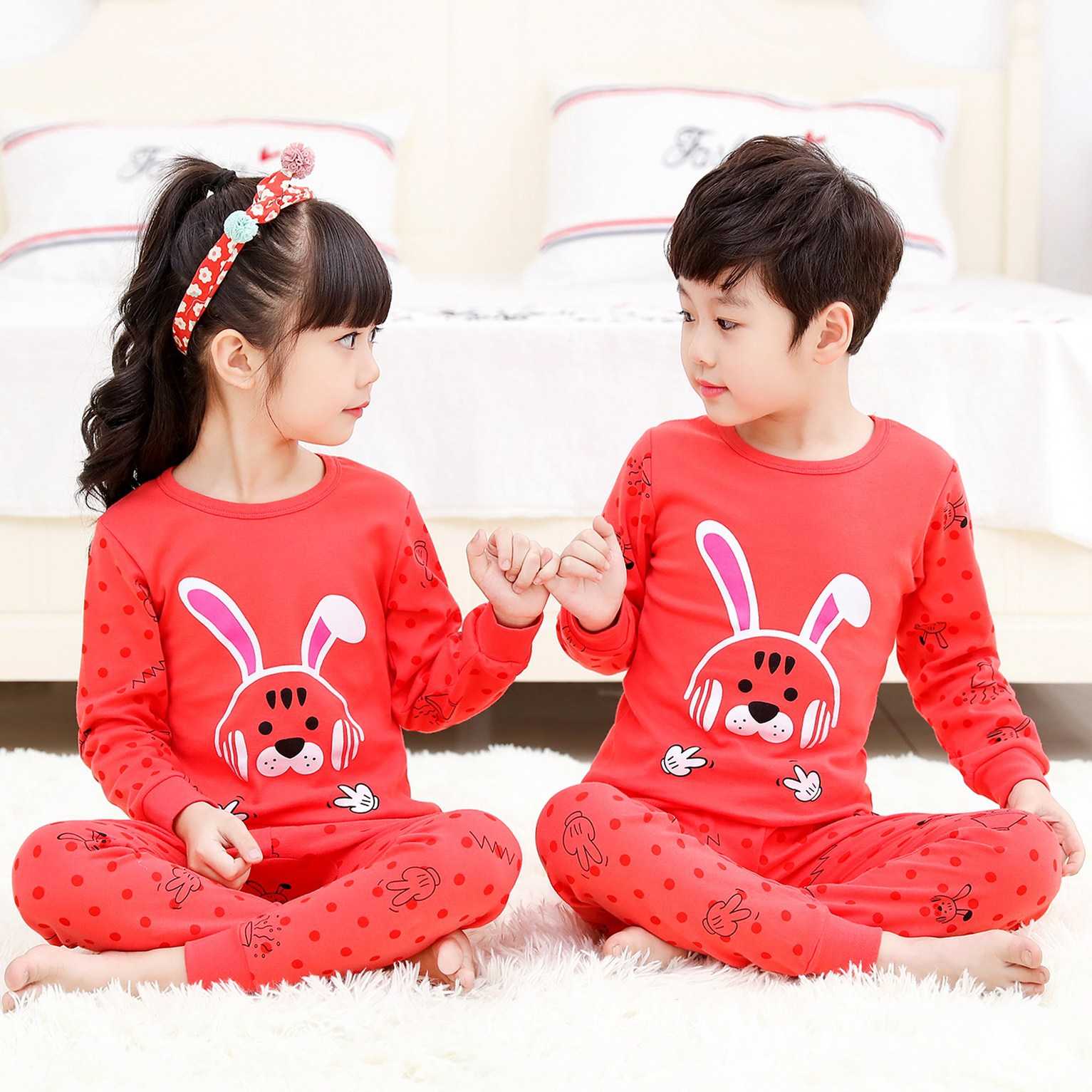 K196 ชุดนอนเด็กสไตส์ เกาหลี ลายกระต่ายสีแดง ผ้านิ่มใส่สบายลายน่ารัก  100% COTTON