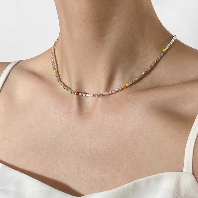 [พร้อมส่ง] ⛓️ สร้อยคอมินิมอล พร้อมลูกปัดทรงเหลี่ยม สีสวยน่ารักมาก 💛❤️🖤💚💙 | QG021