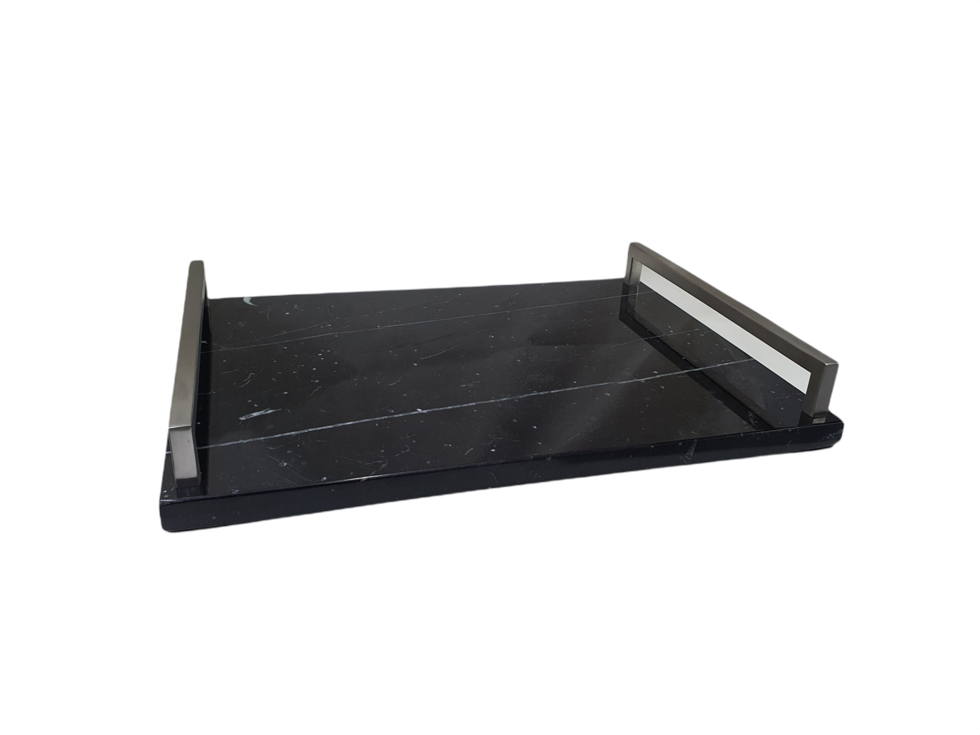 Tray with Stainless Handle, Marble, Black, M