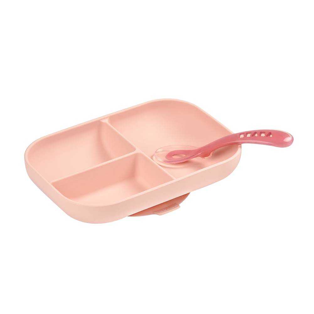 จานซิลิโคนก้นดูดแบ่งช่องพร้อมช้อนซิลิโคน Silicone suction divided plate with spoon - Nude