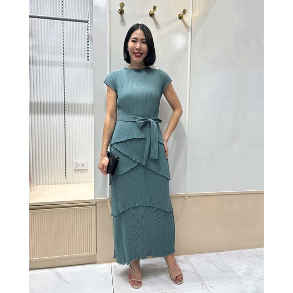 ยาว 52.5 นิ้ว 2MUAY รุ่น GA62144 เดรสอัดพลีท ผ้าMatted CAP SLEEVE TIERED PLEATED DRESS 6 สี FREE ...