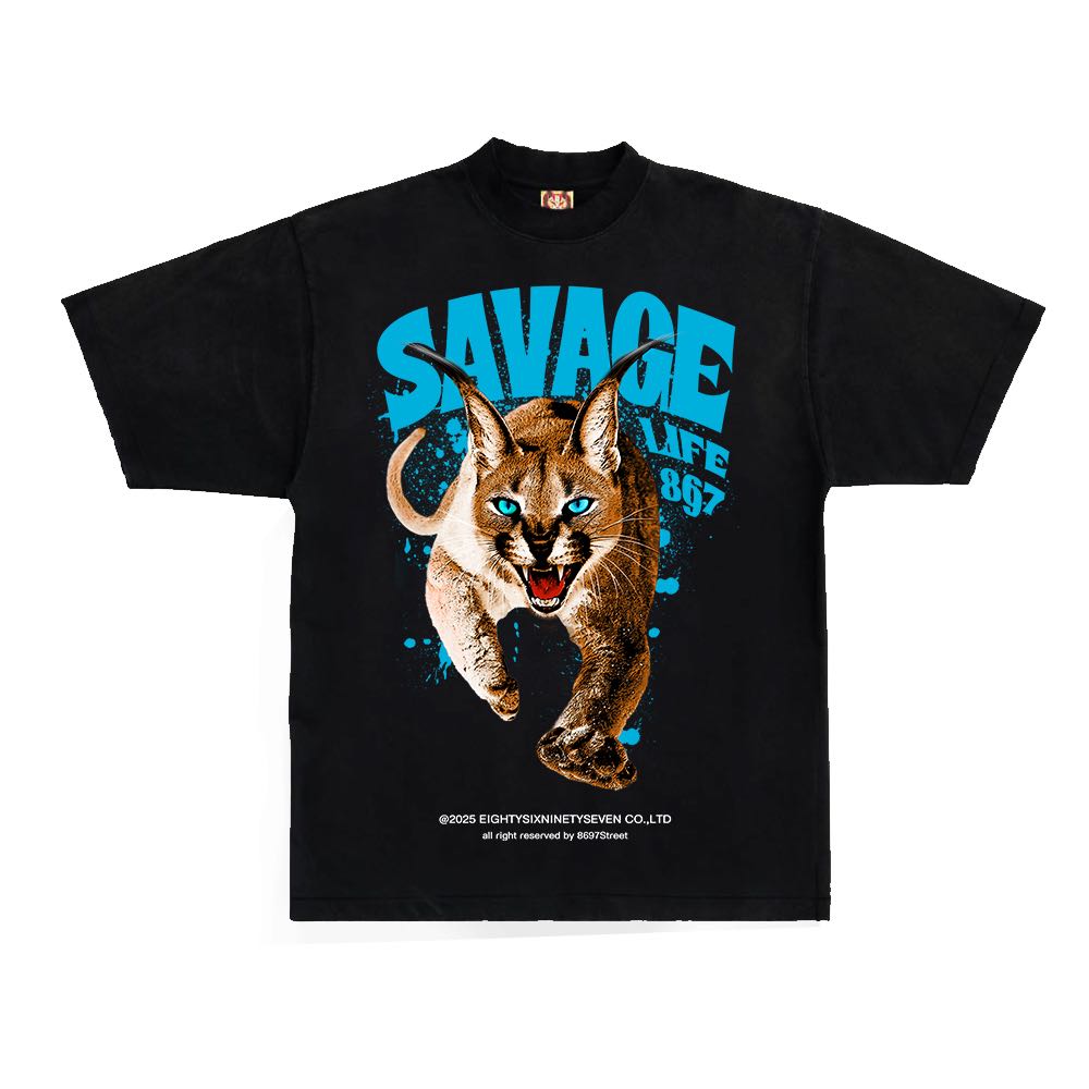 8697Street เสื้อยืดโอเวอร์โซส์ รุ่น SAVAGE โลโก้ฟ้า ผ้าสีดำ Re Product