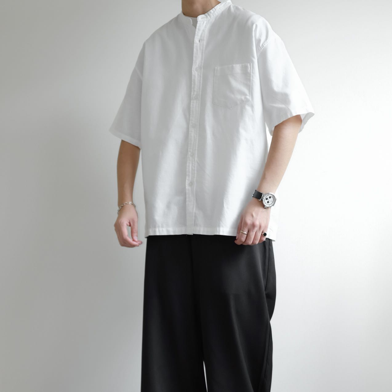 NANO• UNIVERSE  Mandarin Collar Cotton Oversized Shirts