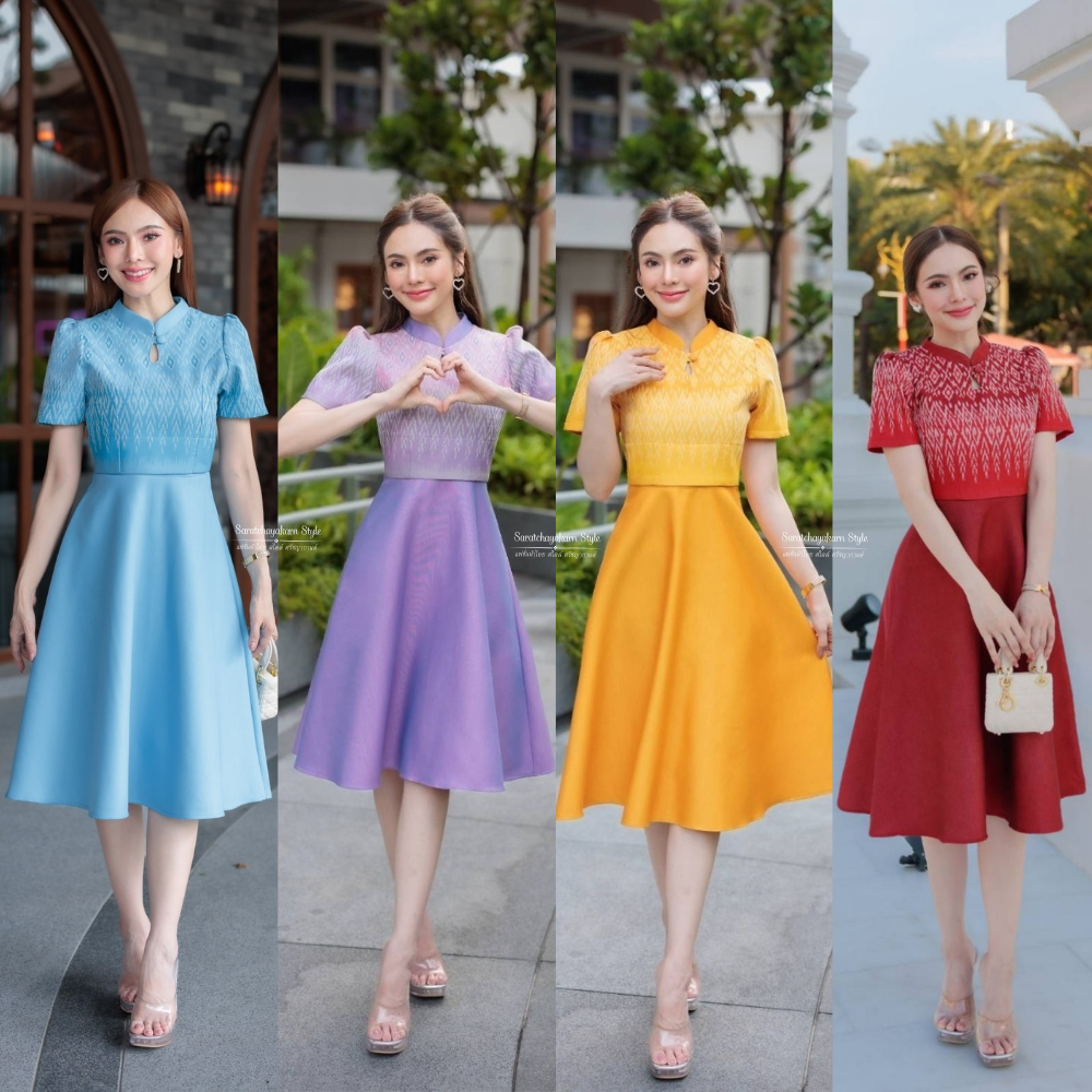 ชุดเดรสผ้าไทยทอลายเกสรสีดา คอจีน กระโปรงบานทรงย้วย 8 ชิ้น ยาว 40 นิ้ว งานโทนสีขับผิว อัดกาวทั้งชุด