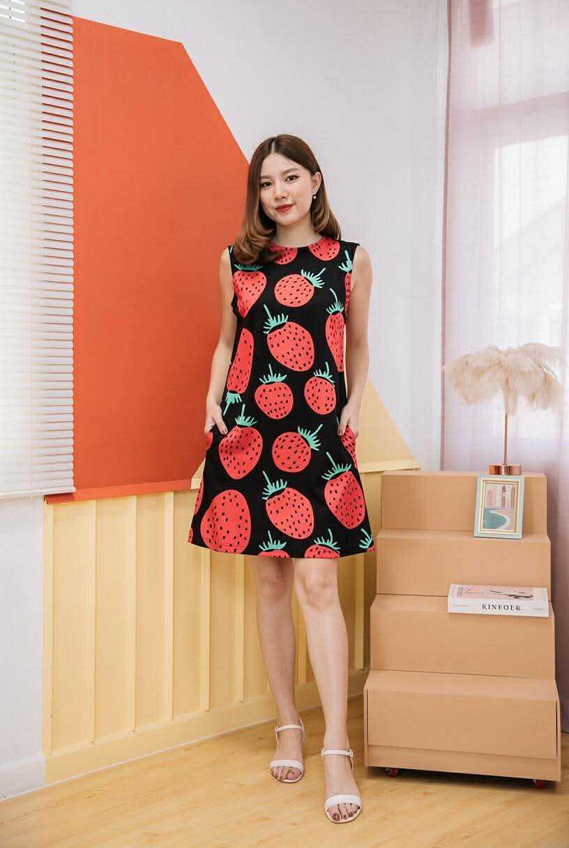 ชุดให้นม Black strawberry toptank dress