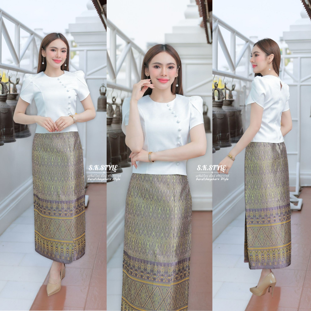 ชุดผ้าไทย Set เสื้อไหมญี่ปุ่น แขนกลีบบัว ผ้าถุงผ้าฝ้ายทอลายไทย สีชมพูทอง งานป้ายสำเร็จซิปข้าง อัดกาว