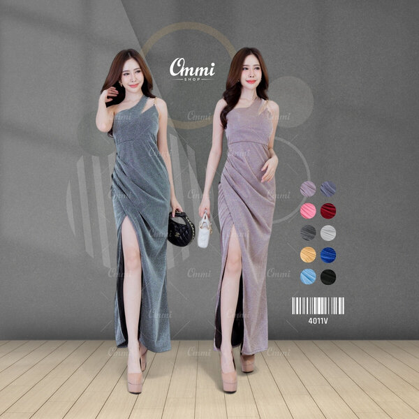 Ommishop ชุดราตรี 4011V ไหล่เดี่ยวสายคู่โซ่ ผ้าวิ้งเพชร เดรสออกงาน ชุดงานแต่ง เพื่อนเจ้าสาว